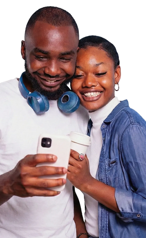 Happy couple looking at phone