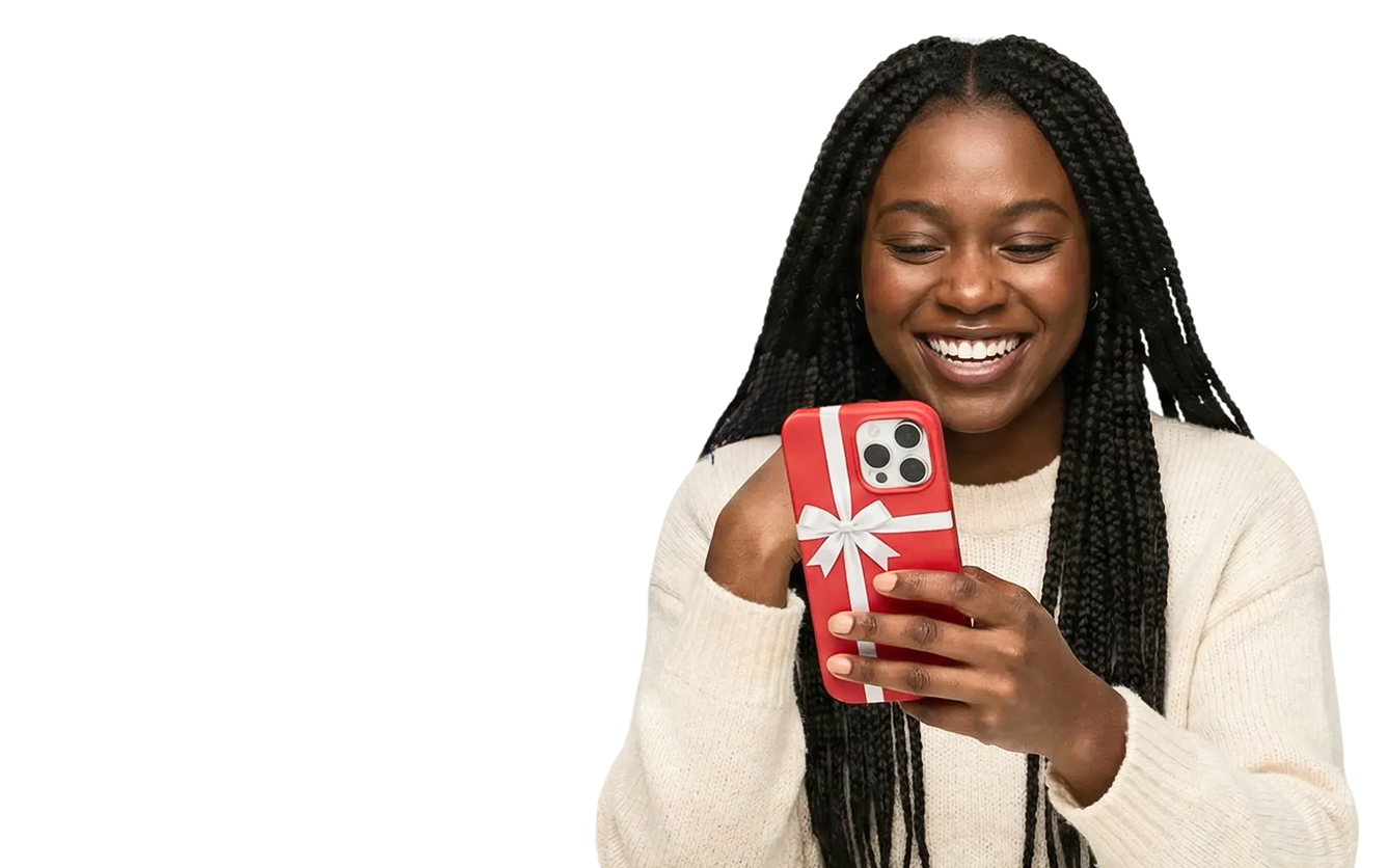 Lady holding phone with gift